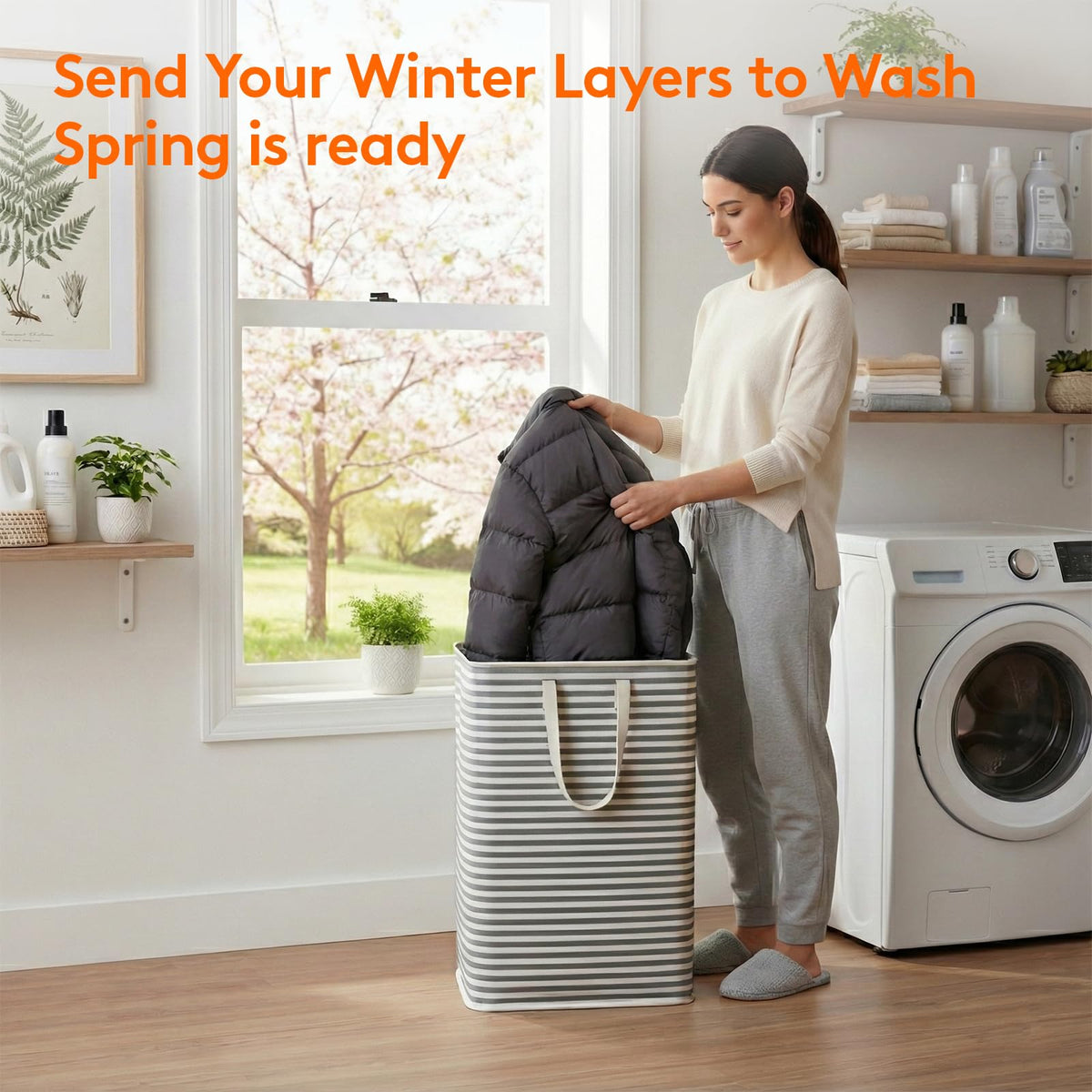 Lifewit laundry basket 80L side view shows reinforced handles for easy carrying
