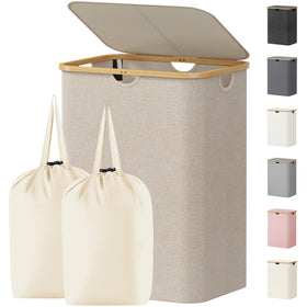 Lifewit 150L laundry basket with lid in beige, ideal for tidy bedroom storage
