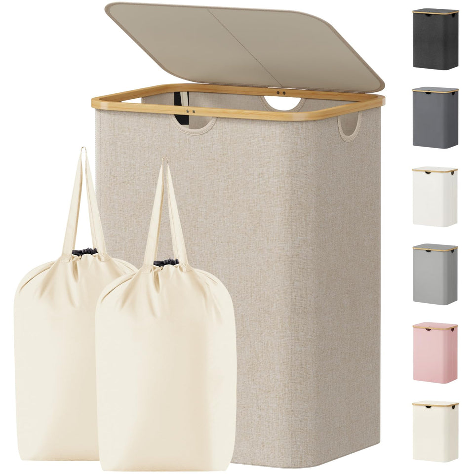 Lifewit 150L laundry basket with lid in beige, ideal for tidy bedroom storage