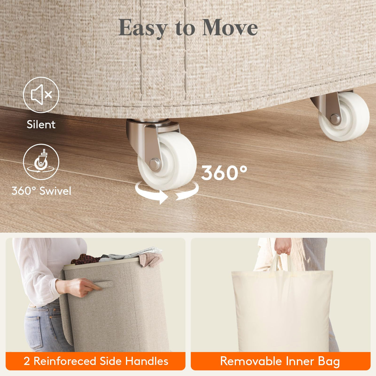 Removable inner bag for easy laundry trips without moving the whole hamper.