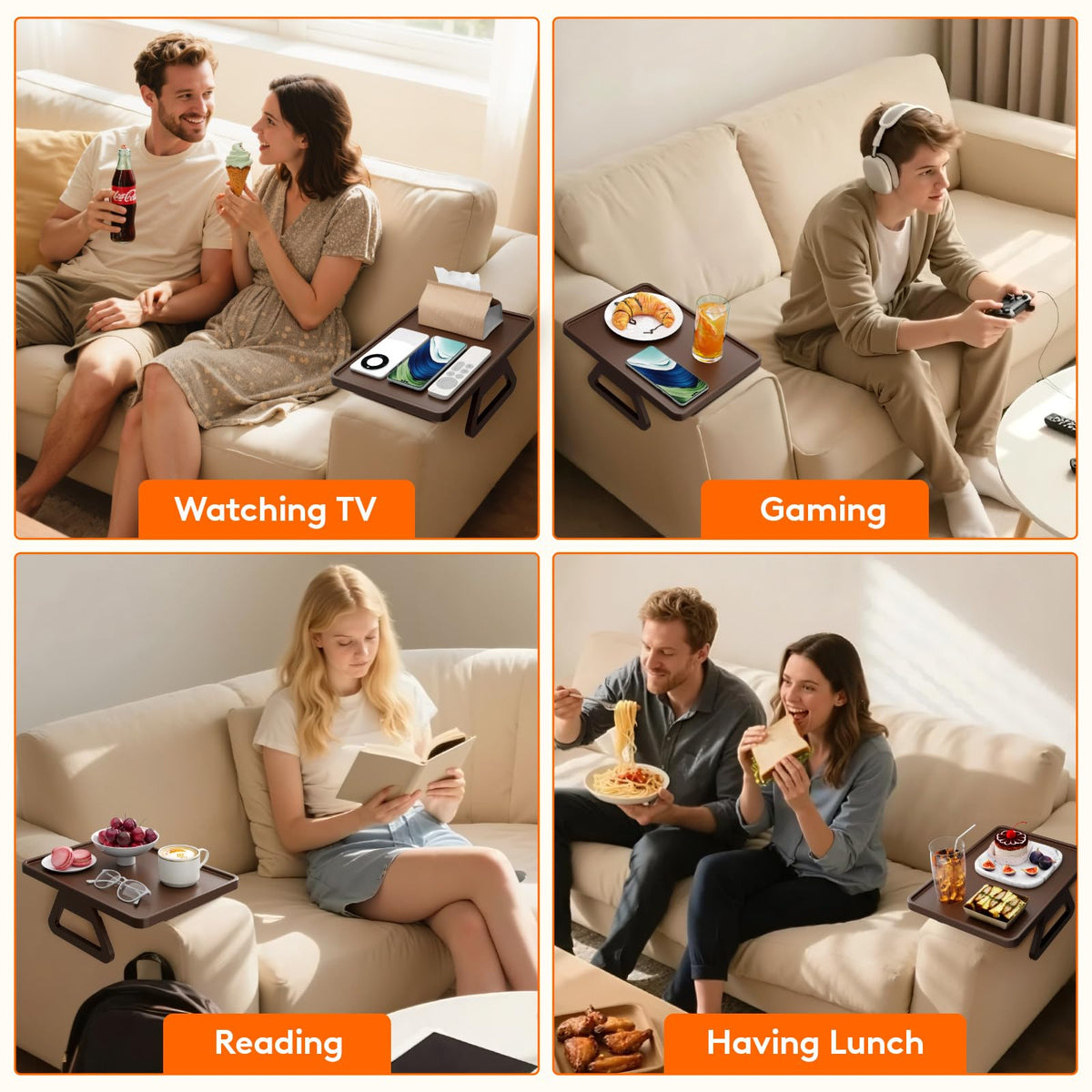 Lifewit meal on sofa with coffee and fruit using the armrest table