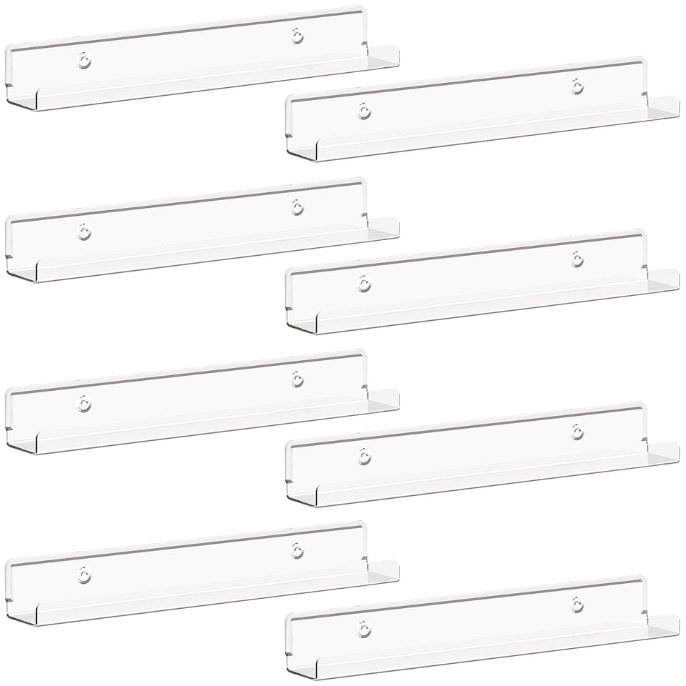 Lifewit narrow floating shelves display vinyl records on clear acrylic for organized viewing.