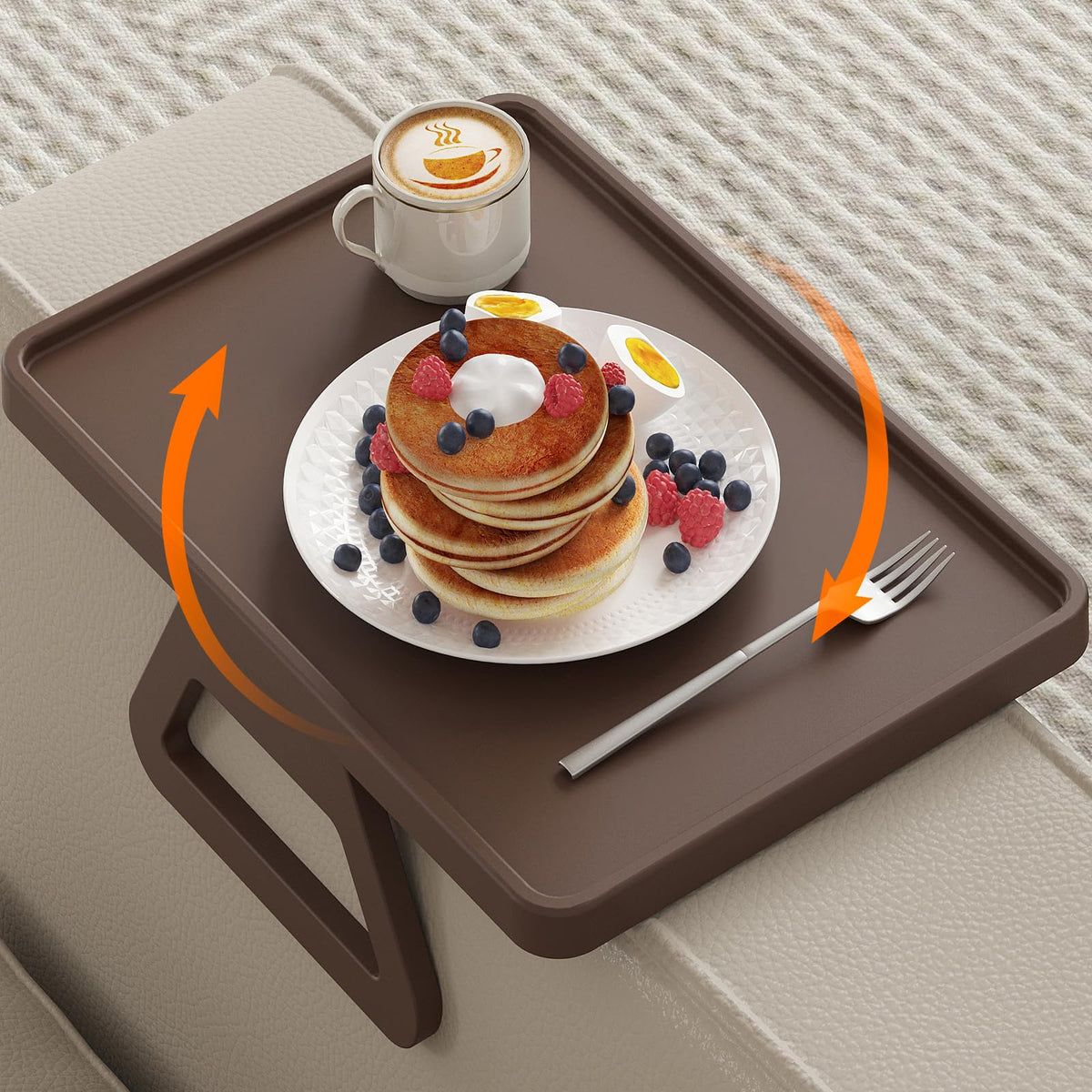 Lifewit rotating sofa armrest table on a sofa, ideal for snacks and drinks