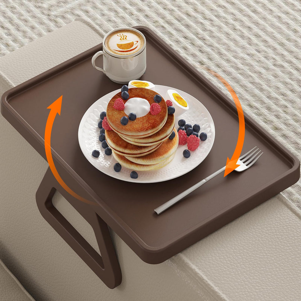Lifewit rotating sofa armrest table on a sofa, ideal for snacks and drinks