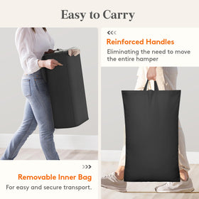 Integrated lid and bag system keeps laundry organized and ready.