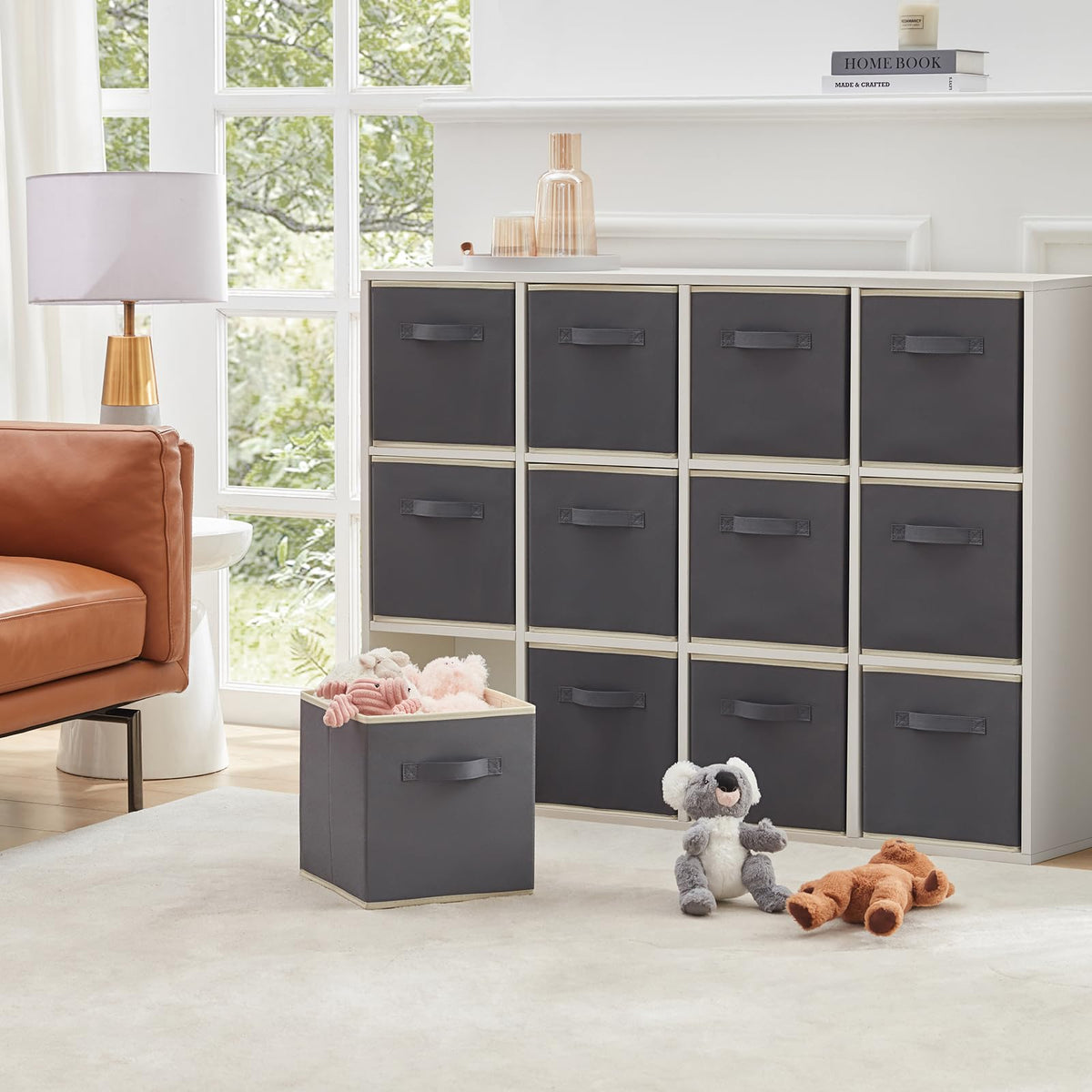 Lifewit 12-pack on living room shelf improves tidiness