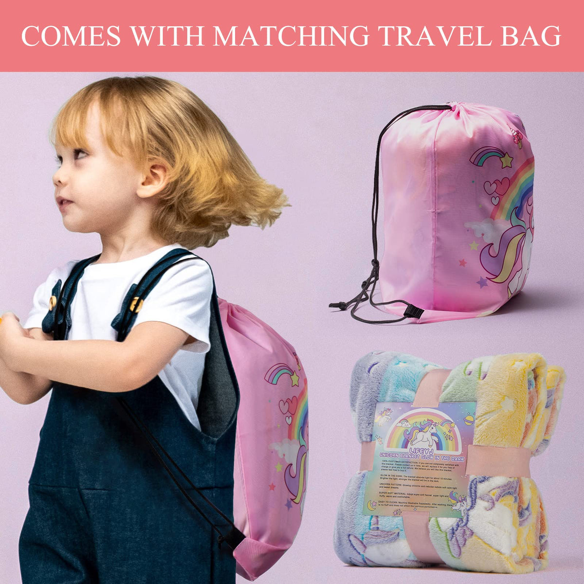 LIFEYJ pink-travel-bag unicorn-blanket is perfect for outings.