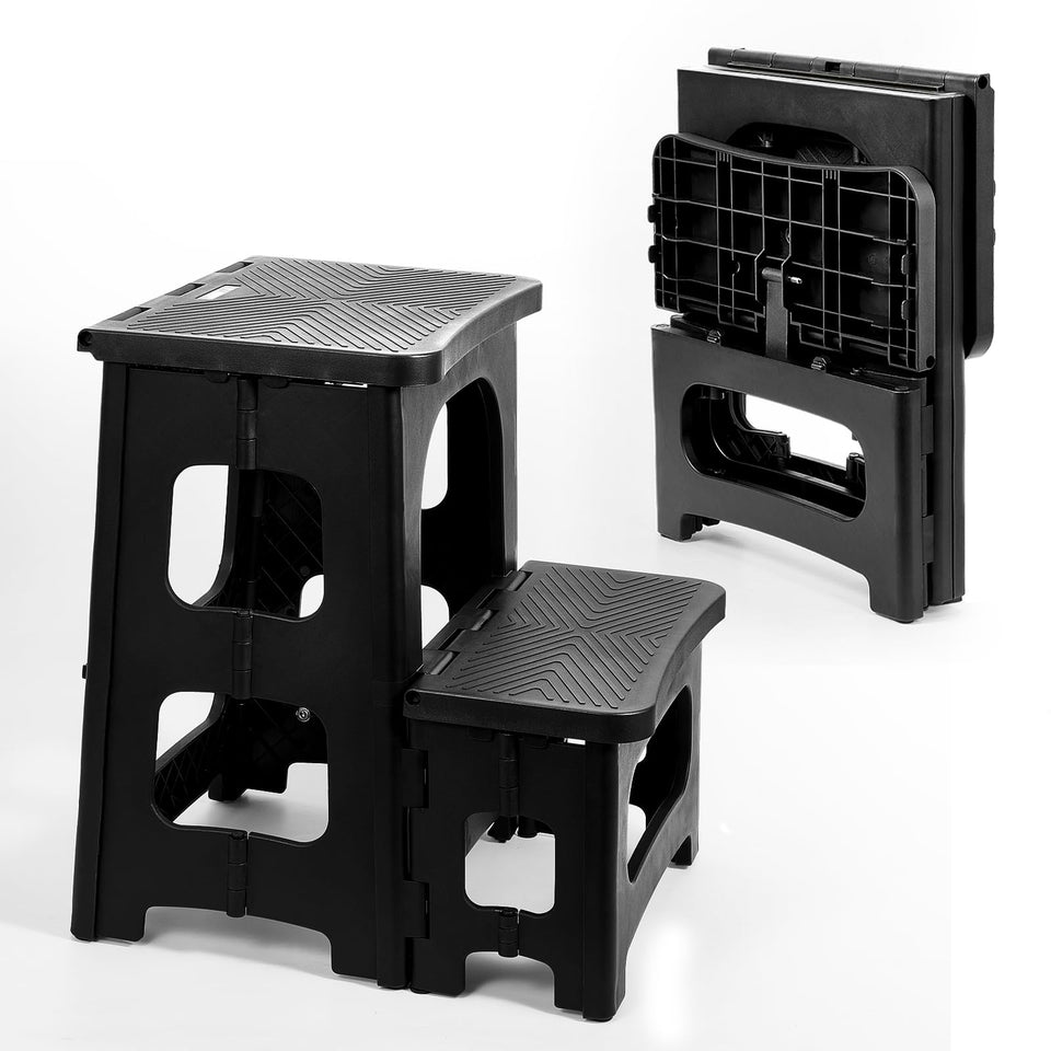 Ligebul two-step stool foldable front view highlights compact storage and sturdy construction.