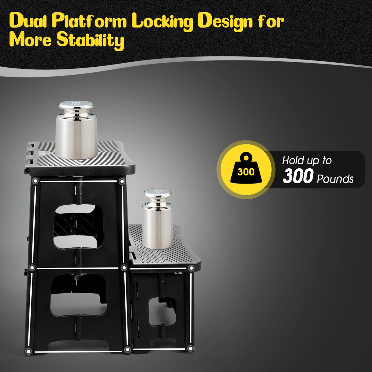 Ligebul two-step stool foldable open-stance captures stable two-level height for reaching shelves.