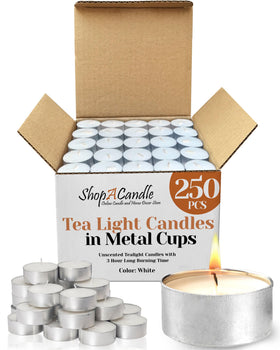 Light In The Dark 250-pack tealight candles in metal cups provide stable, spill-safe ambiance.