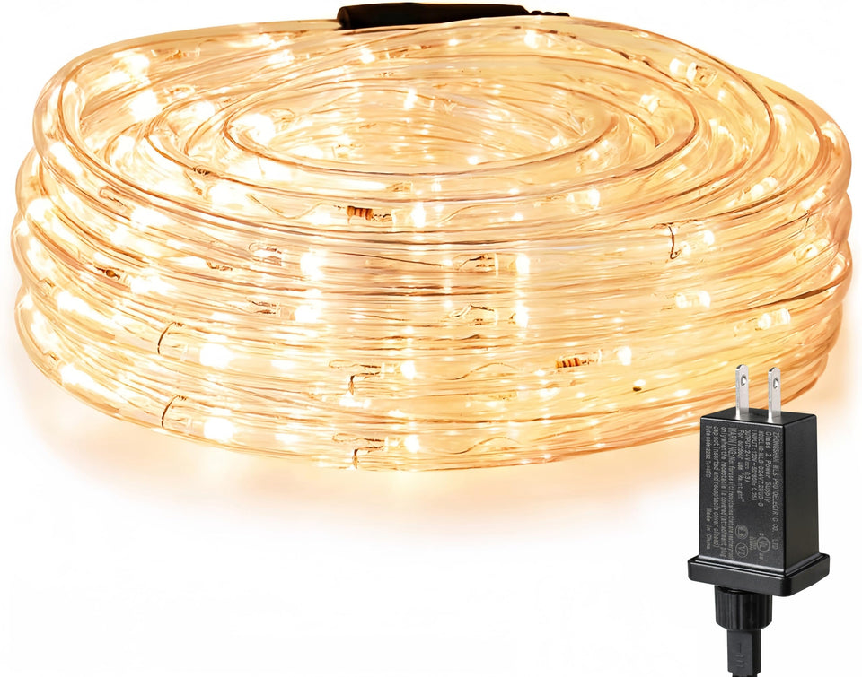 Lighting EVER rope light with outdoor power adapter for safe setup.