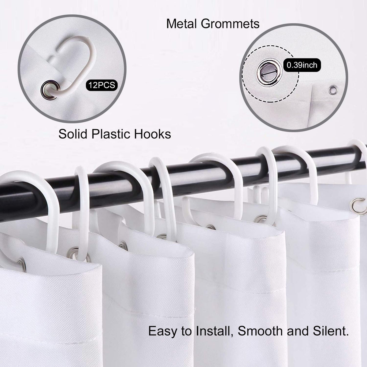 LIGHTINHOME 12-pack shower hooks simplify curtain setup.