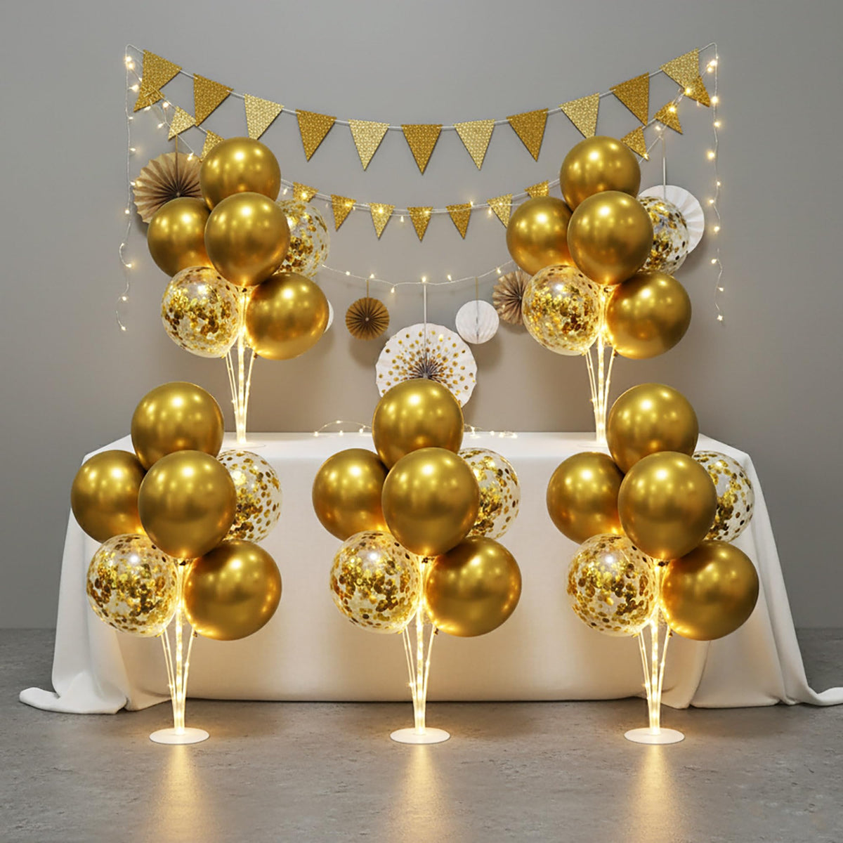 Lightsfever balloon stand table centerpiece with LED lights in gold for elegant party decor