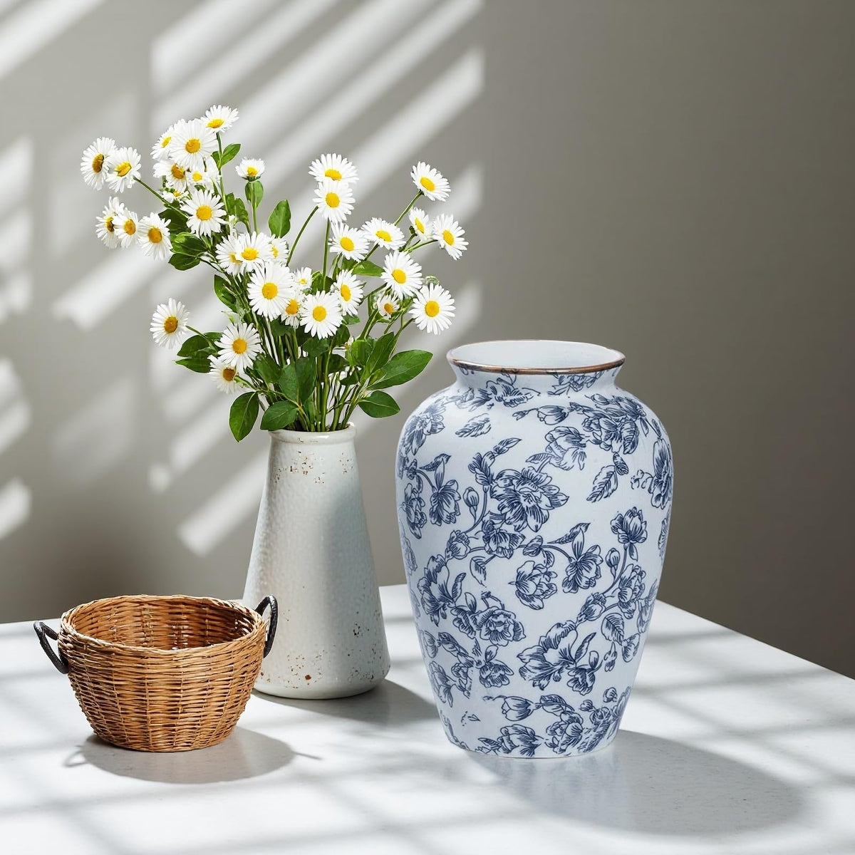 Liiusgelad vintage ceramic vase with Delft blue pattern, timeless decor.