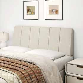 Liiwepo full-size headboard in beige linen adds contemporary bedroom style.