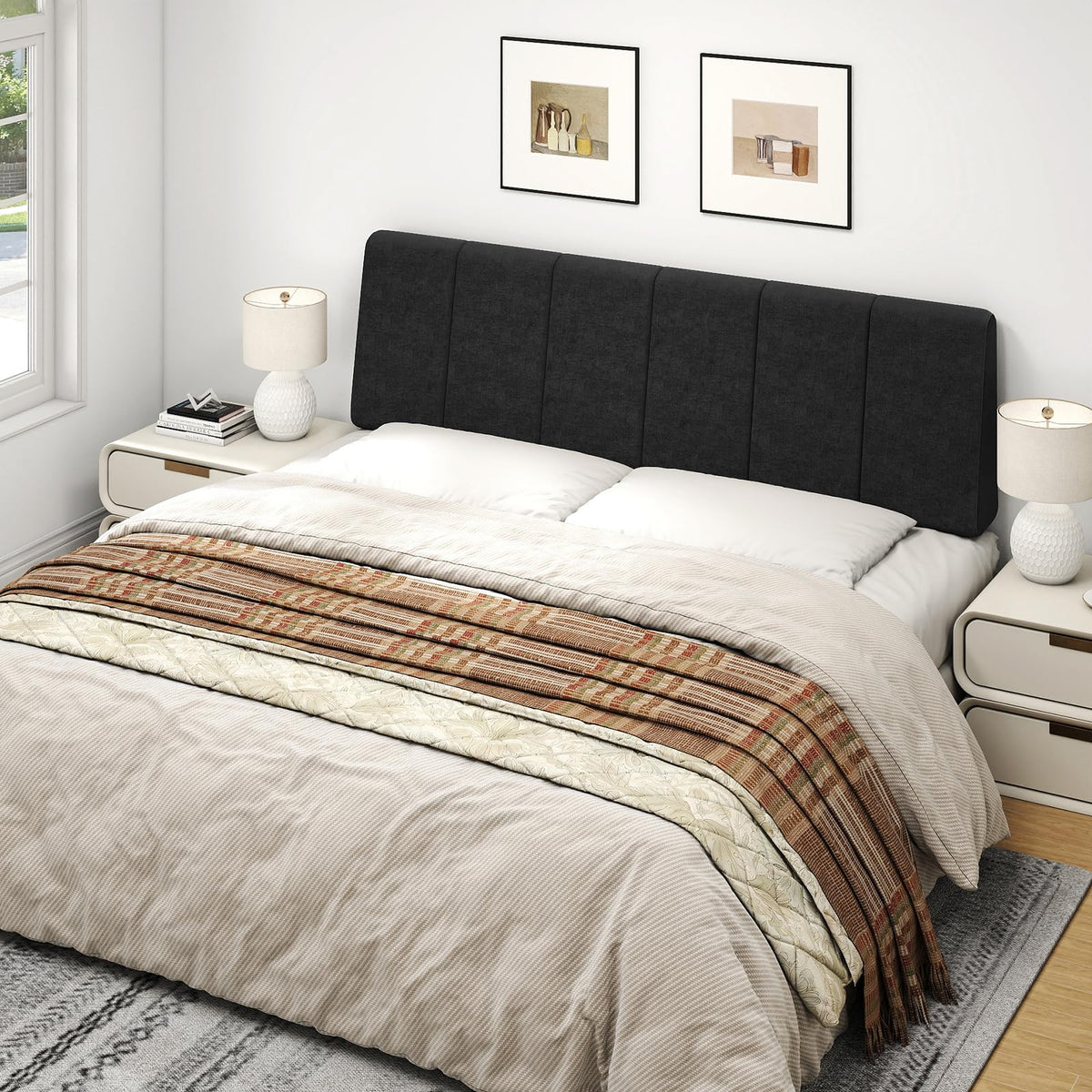 Liiwepo headboard in black finish complements modern bedroom decor.