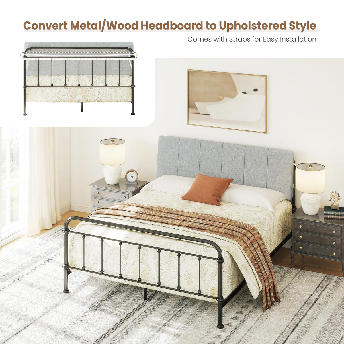 Liiwepo queen headboard uses mattress-mounted design for flexible height adjustment.