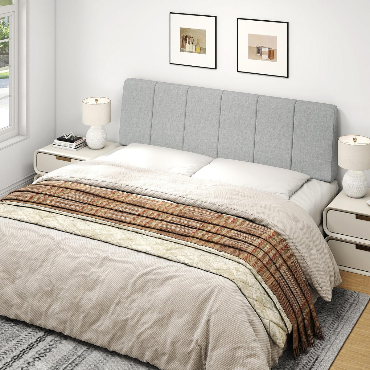 Liiwepo headboard creates a cozy, refined bedroom ambiance with warm textures.