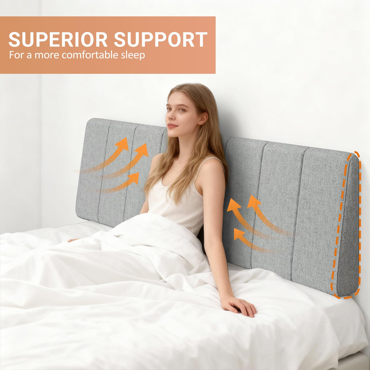 Bedroom scene shows the light gray headboard as a contemporary focal point.