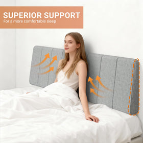 Bedroom scene shows the light gray headboard as a contemporary focal point.