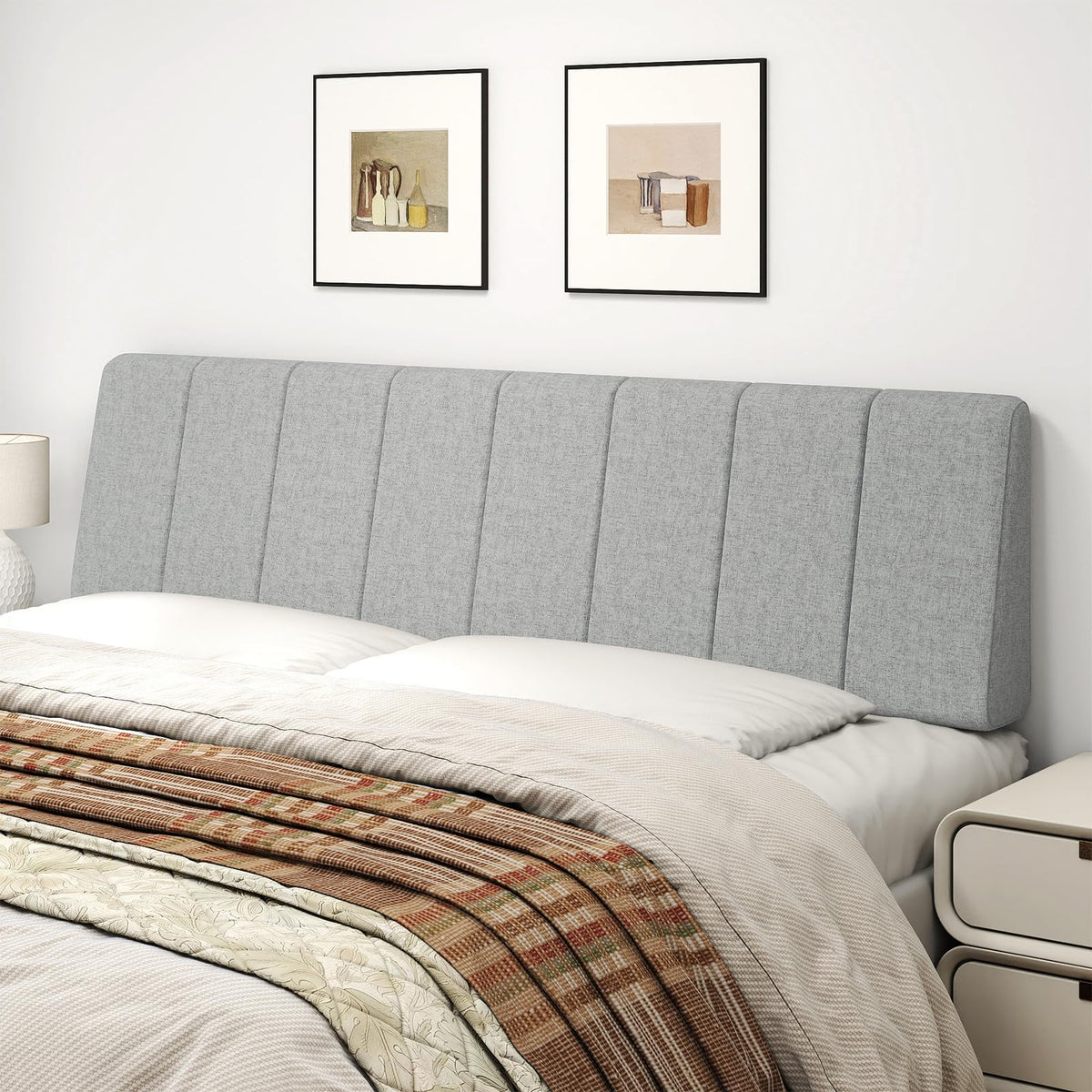 Liiwepo King Size Headboard in light gray linen fabric, close-up of soft texture.
