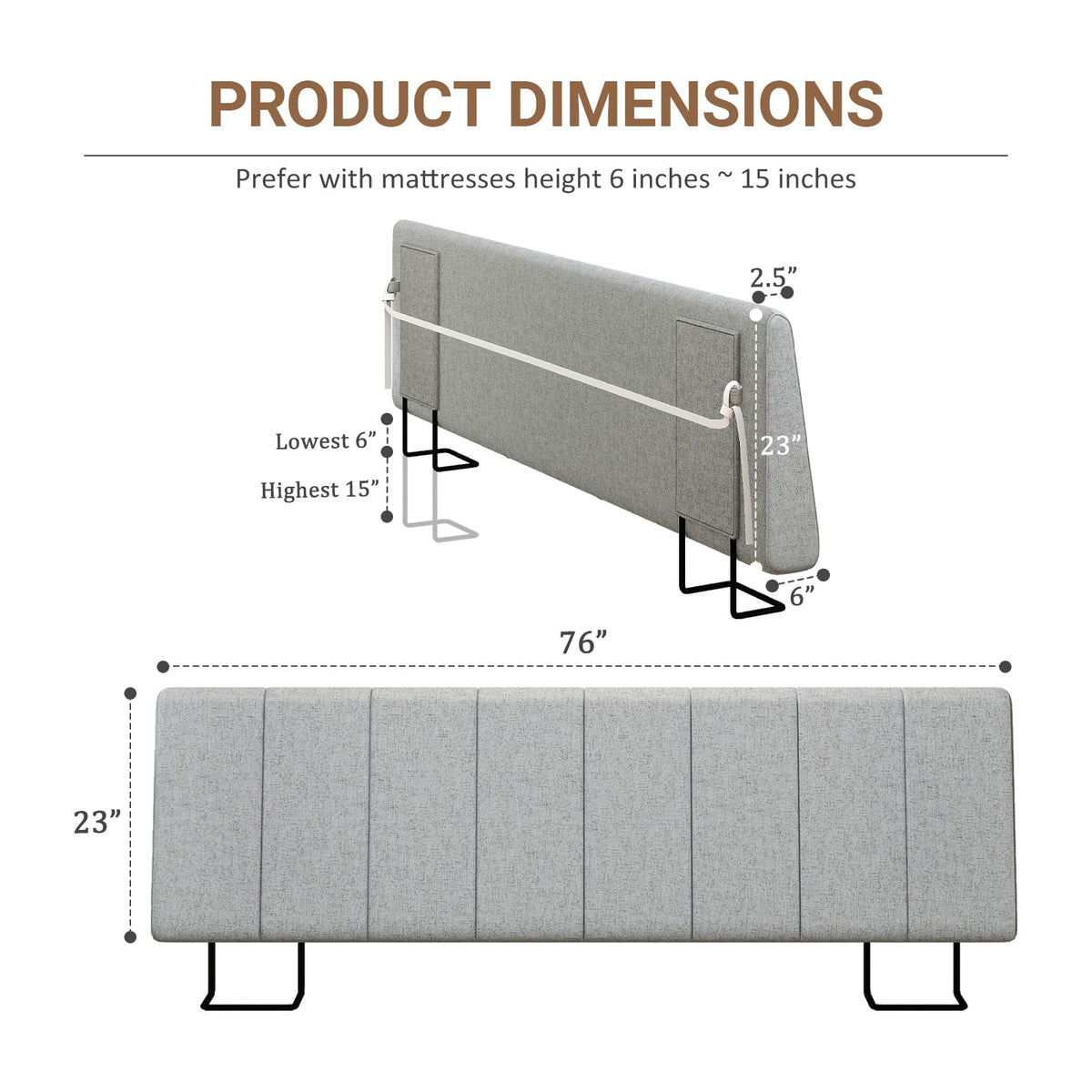 Liiwepo King Size Headboard close-up shows mattress compatibility for various bed frames.