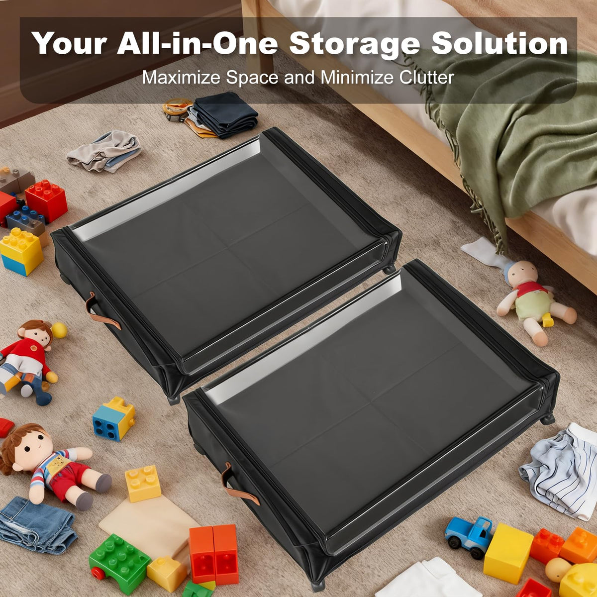 LIJIAI under-bed storage with clear lids and label holders for organization.