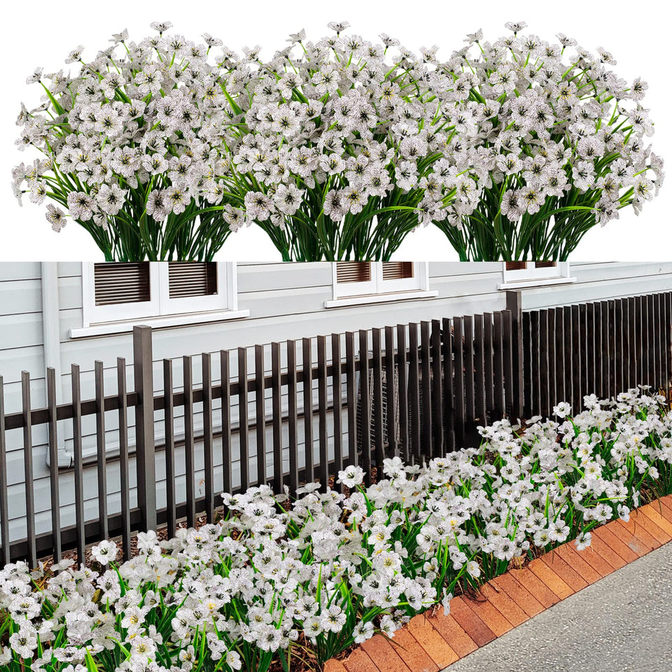 LikSoor 21 bundles white outdoor artificial flowers close-up for lifelike year-round décor.