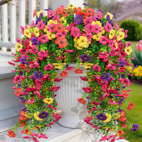 LikSoor artificial hanging flowers cascade outdoors for vibrant year-round curb appeal and easy care.