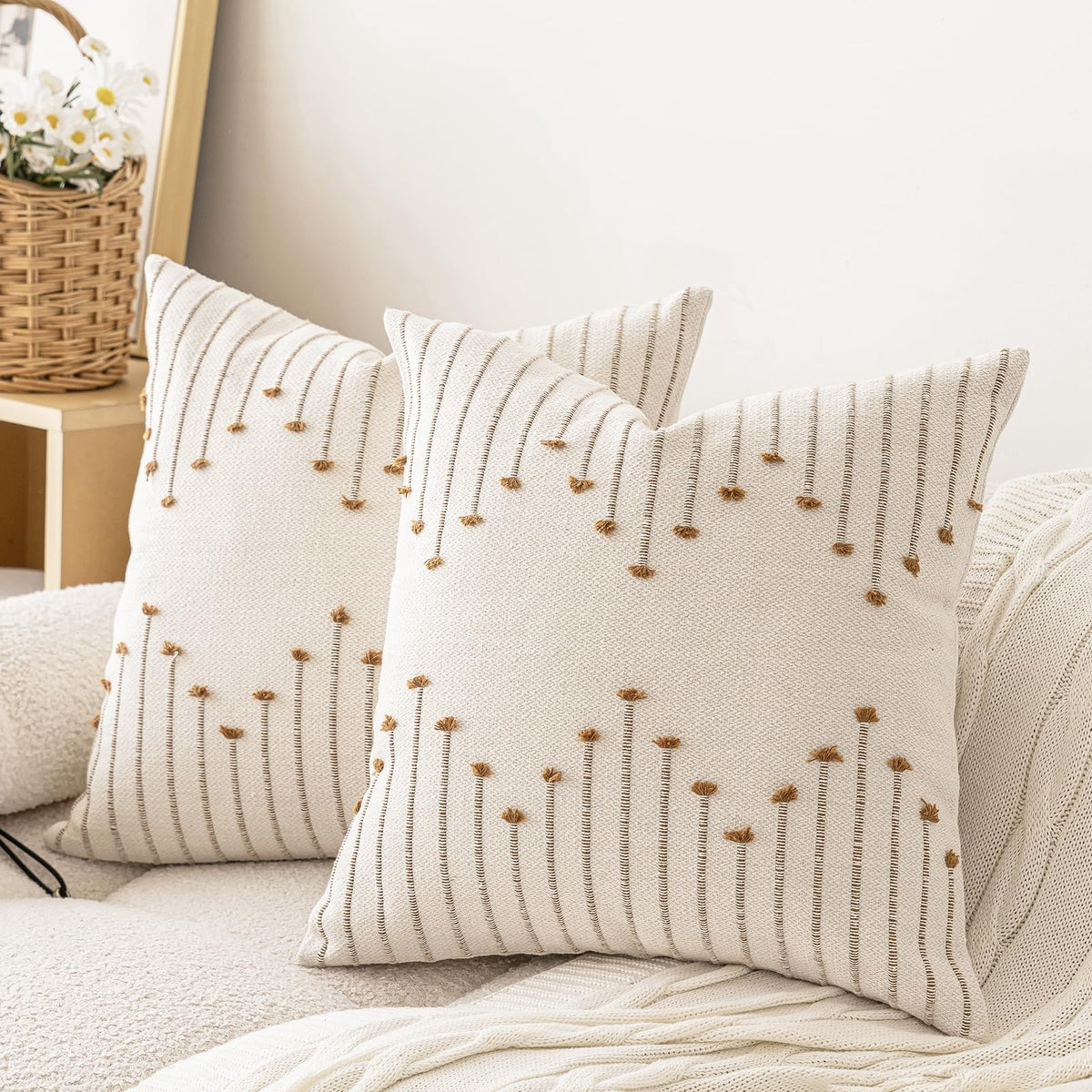 LILEPOY boho pillow cover 18x18 front view adds neutral texture to the sofa