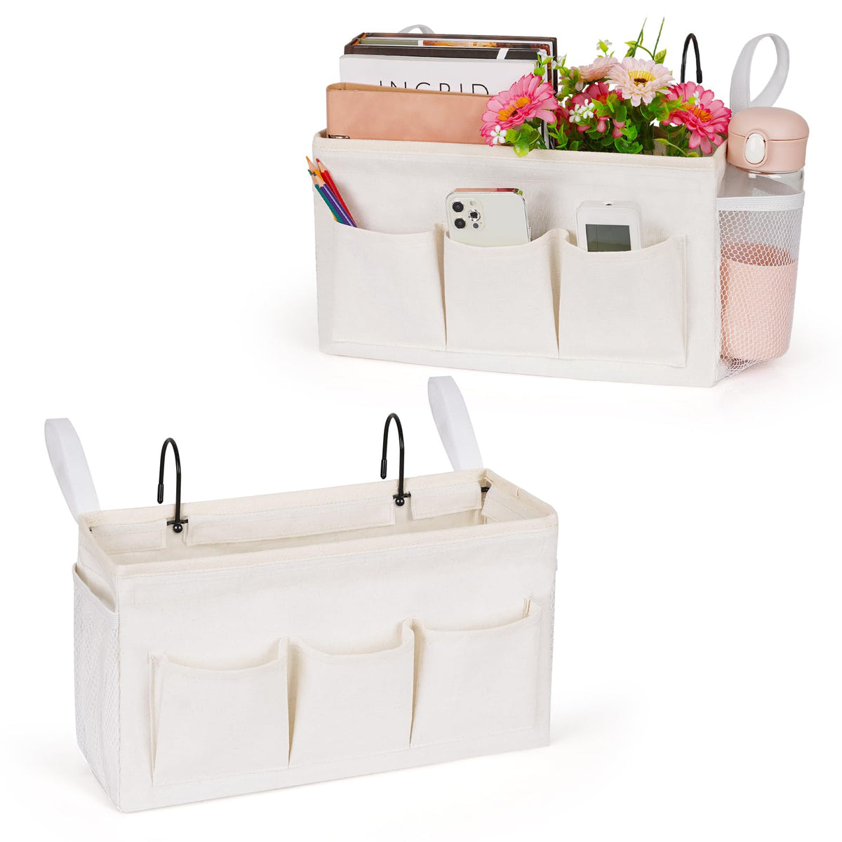 Lilithye bedside caddy with fixed straps and water bottle pocket keeps essentials within reach.