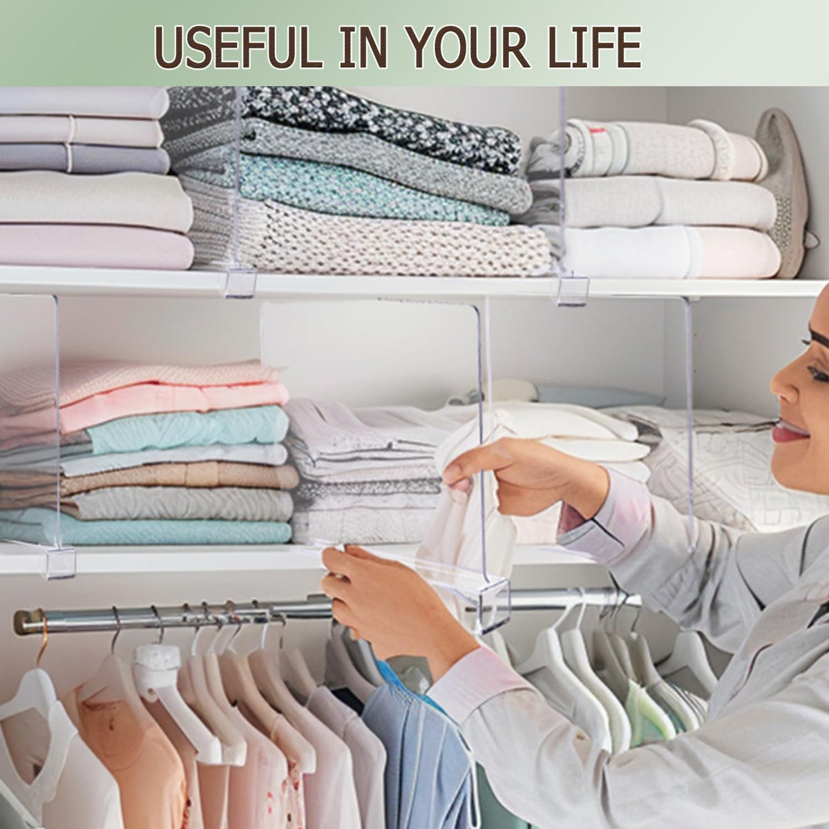 Liliyab clear acrylic shelf divider offers visibility for quick item access.