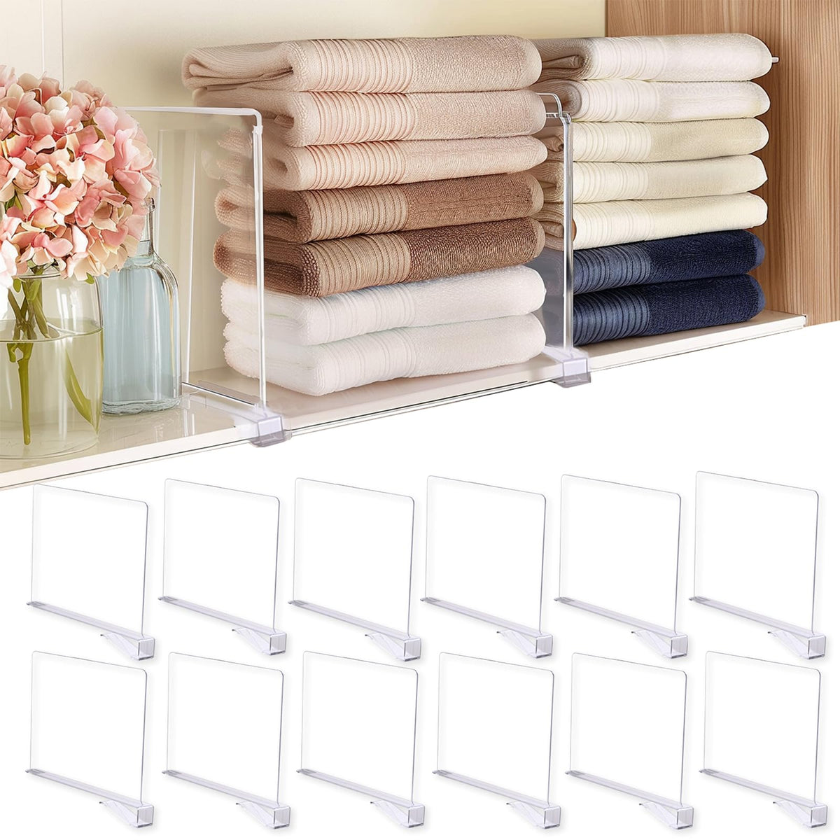 Liliyab purse organizer shelf divider keeps bags neatly separated on a closet shelf.