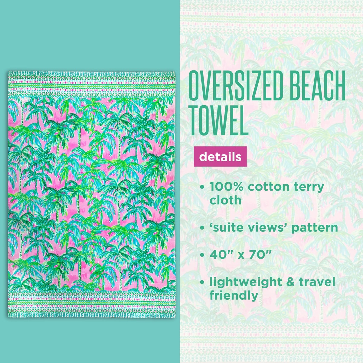 Lilly Pulitzer 40x70 towel provides full lounge-chair coverage by the pool.
