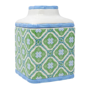 Lilly Pulitzer ceramic square tissue box cover with Bamboo Logo Trellis for tropical style.