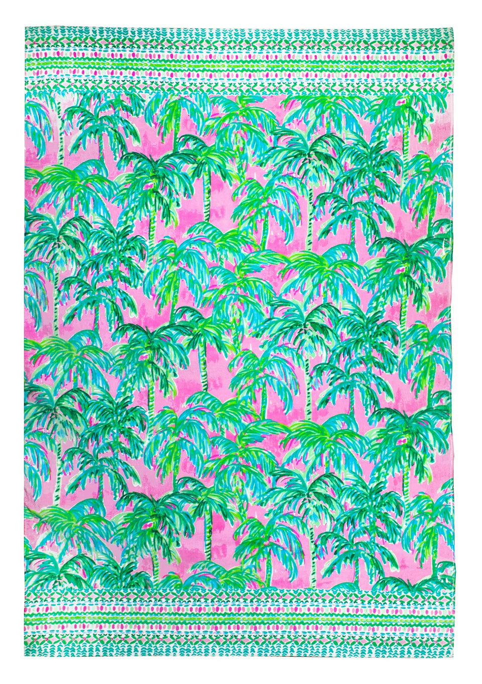 Lilly Pulitzer oversized towel Suite Views pink and green on sand.
