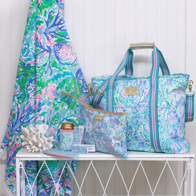 Lilly Pulitzer packable travel towel fits in a tote