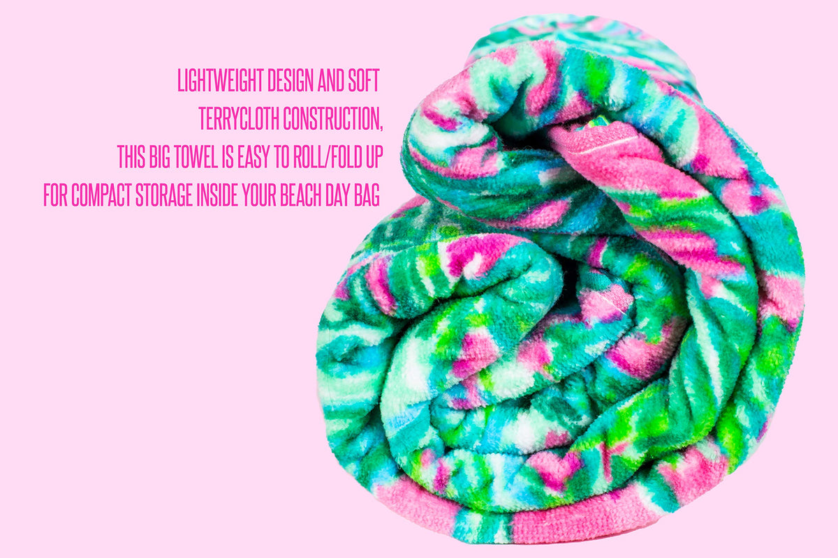 Close-up of Lilly Pulitzer pink-green pattern showing soft cotton terry.