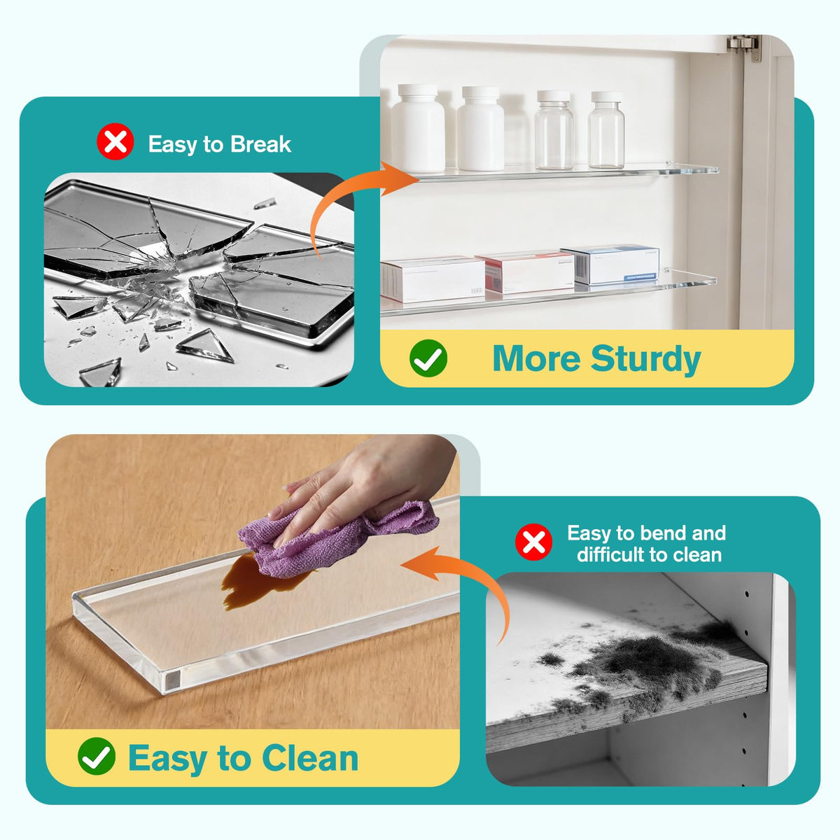 LILXIU clear acrylic shelves resist humidity and stay rust free