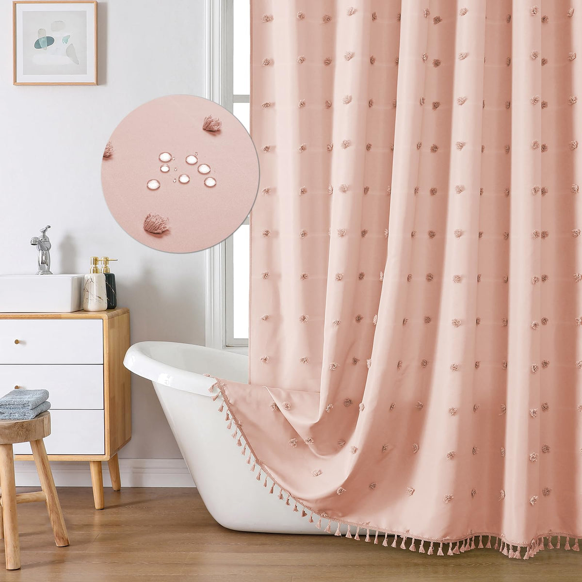 LilyCat boho farmhouse pink blush curtain close-up of tufted texture for a cozy bathroom.