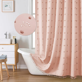 LilyCat boho farmhouse pink blush curtain close-up of tufted texture for a cozy bathroom.