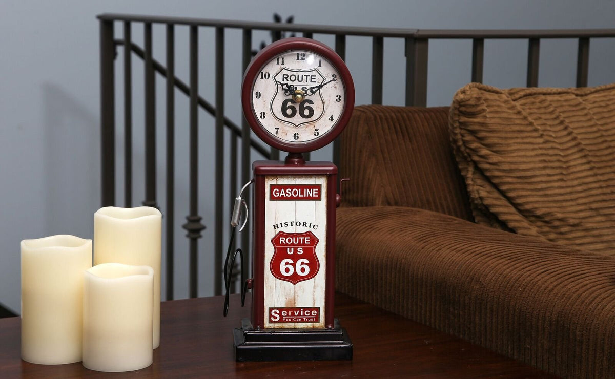 Lily's Home Route66 gas pump mantel clock side view with retro styling