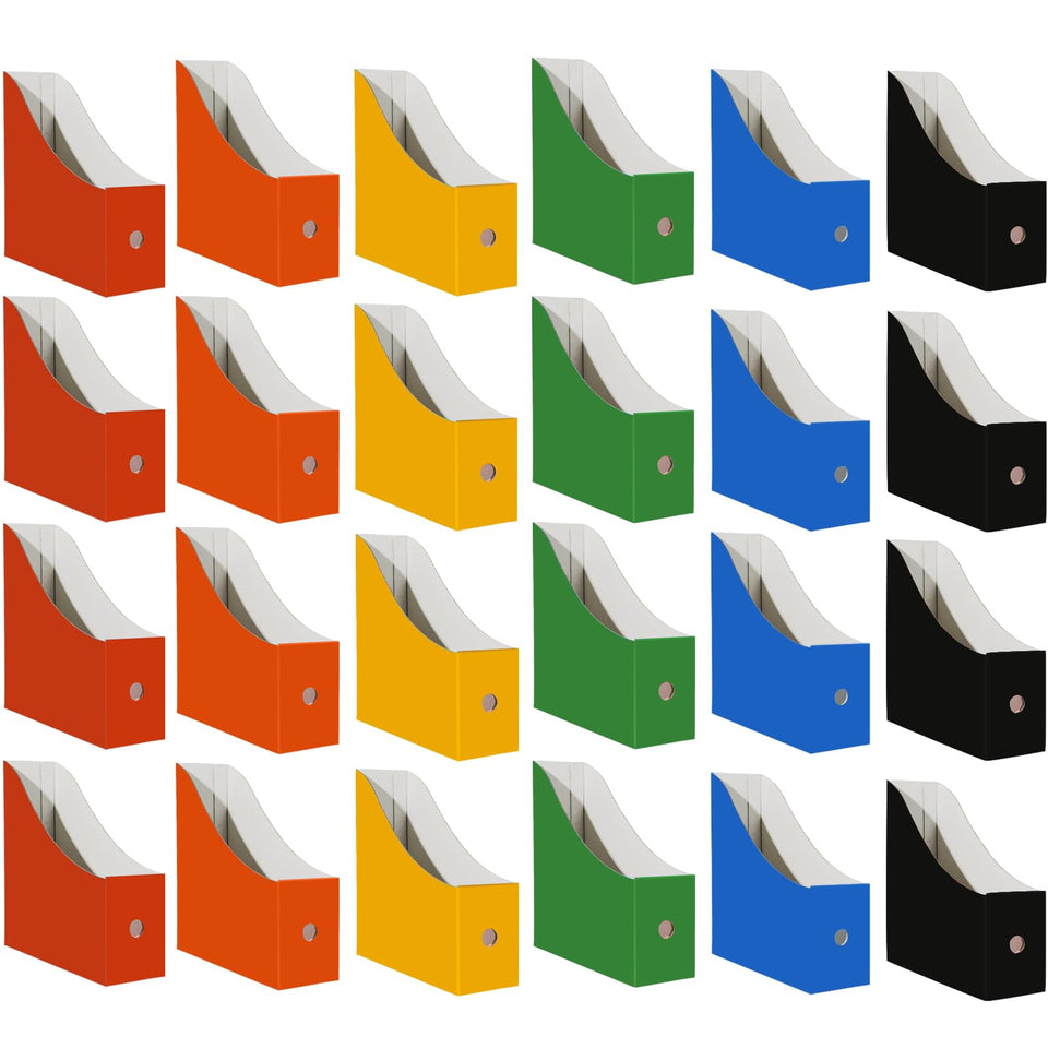 Limitliho cardboard magazine file holder on a desk keeps papers organized and accessible.