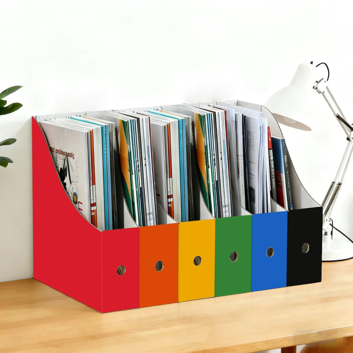 Limitliho classroom magazine bin keeps worksheets and magazines neatly organized.