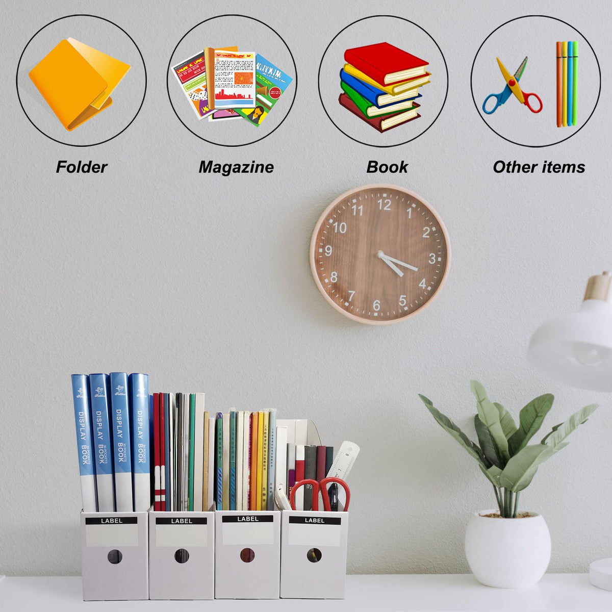 Limitliho vertical book bin offers sturdy storage for magazines and folders.