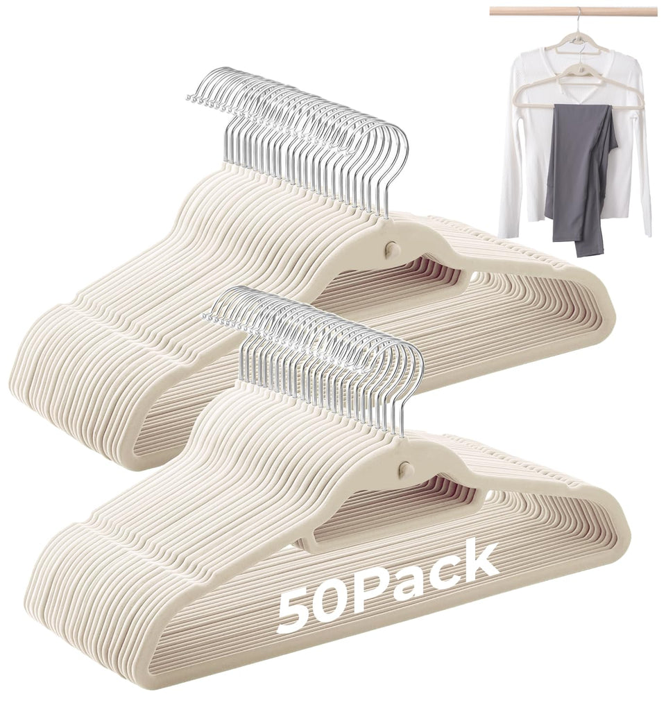 Limogoo Ivory Velvet Hanger with thin profile saves closet space and maintains shape.