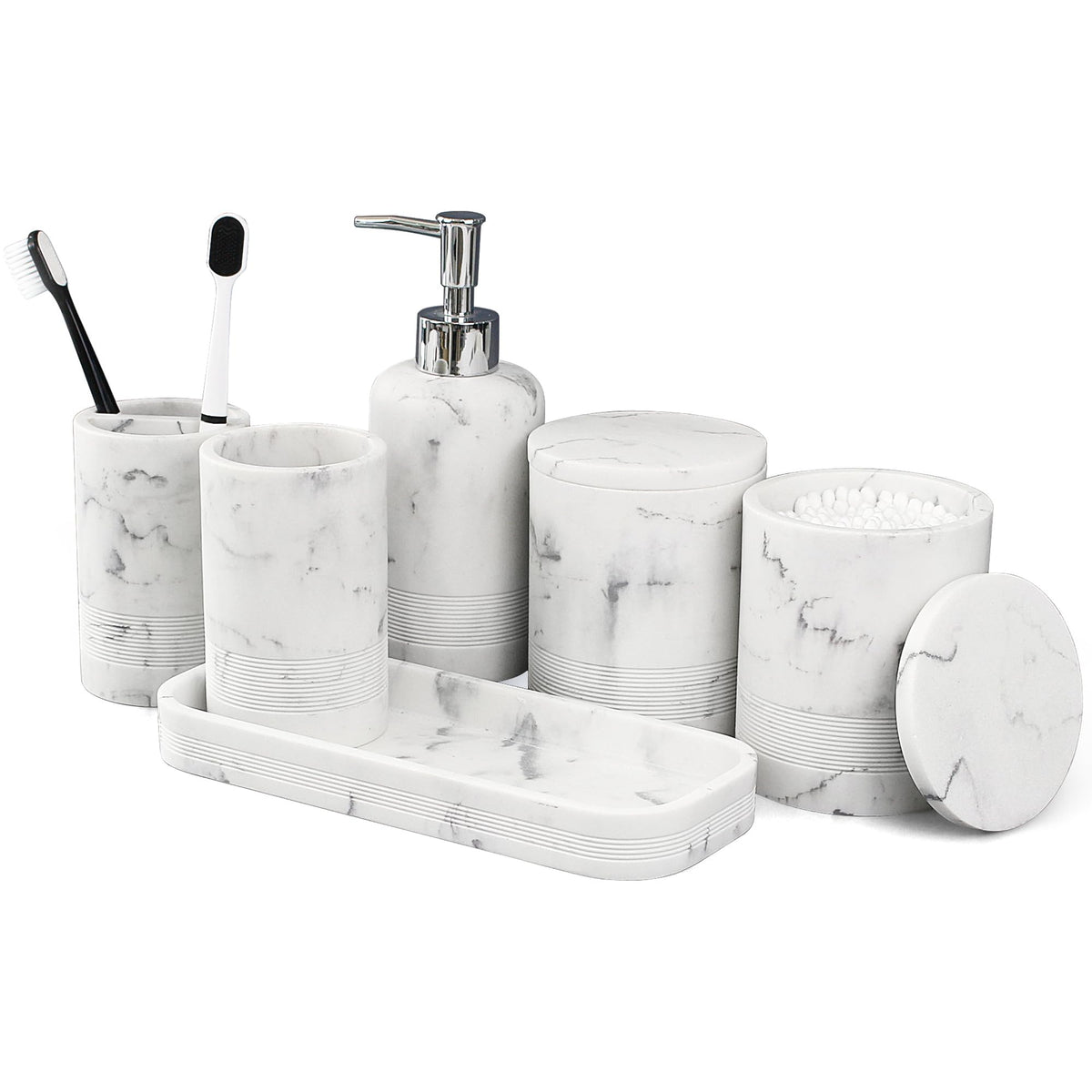 LIN CHUAN soap dispenser in marble white keeps counters organized and clean