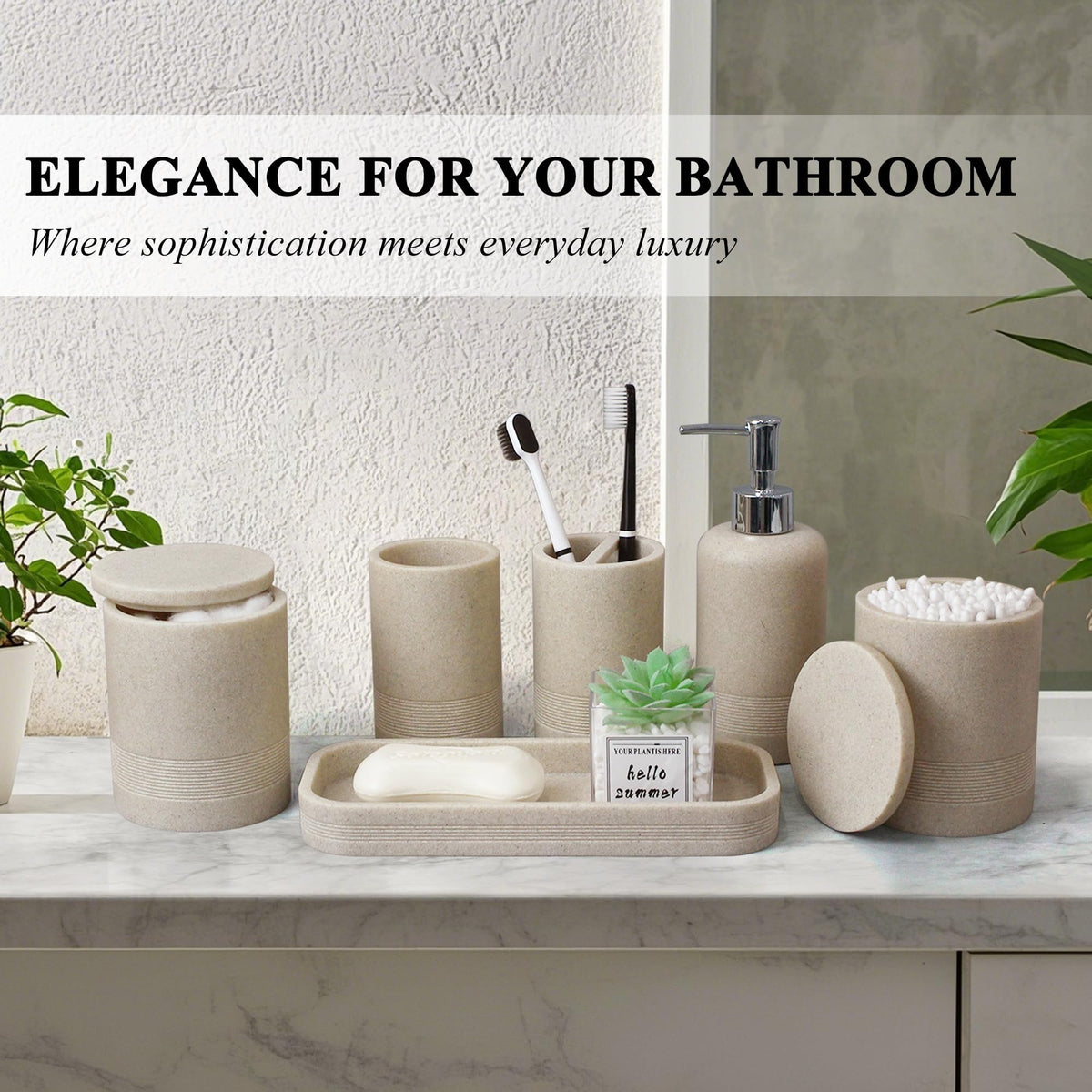 LIN CHUAN beige vanity tray enhances countertop organization with stone texture