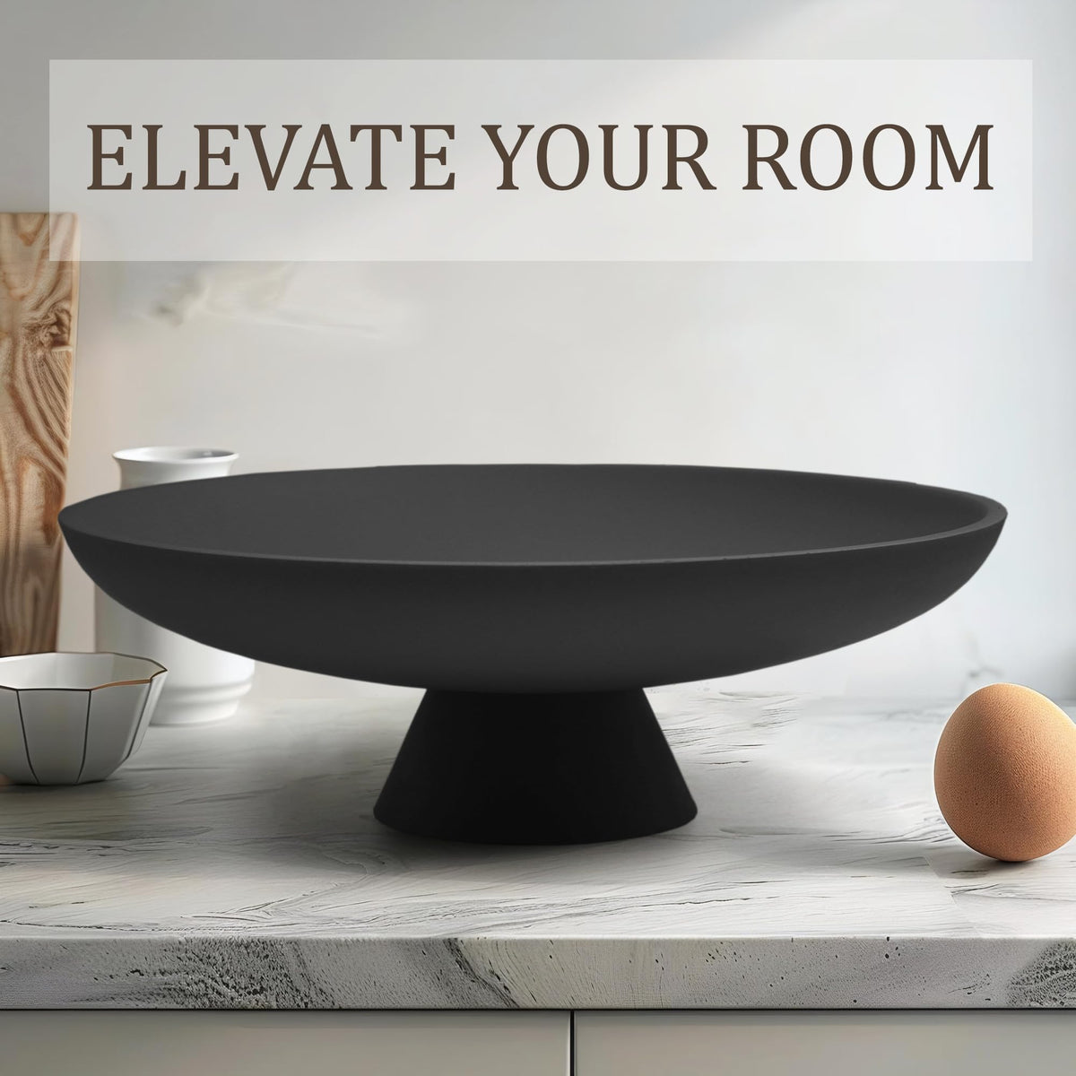 LIN CHUAN beige decorative bowl used as fruit bowl on kitchen counter.