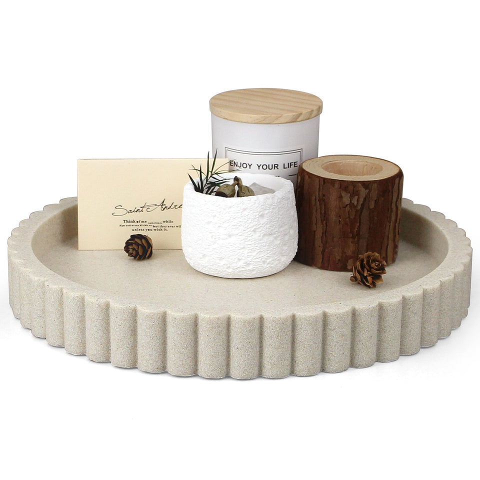 LIN CHUAN 11-inch beige round tray adds refined texture to living room surfaces.